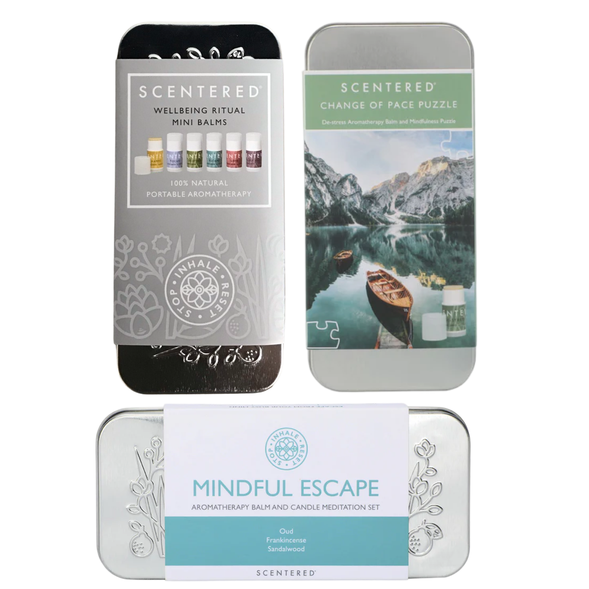 One Scentered Aromatherapy Discovery Tin, one De-stress Change of Pace Puzzle, and one Mindful Escape Meditation Set