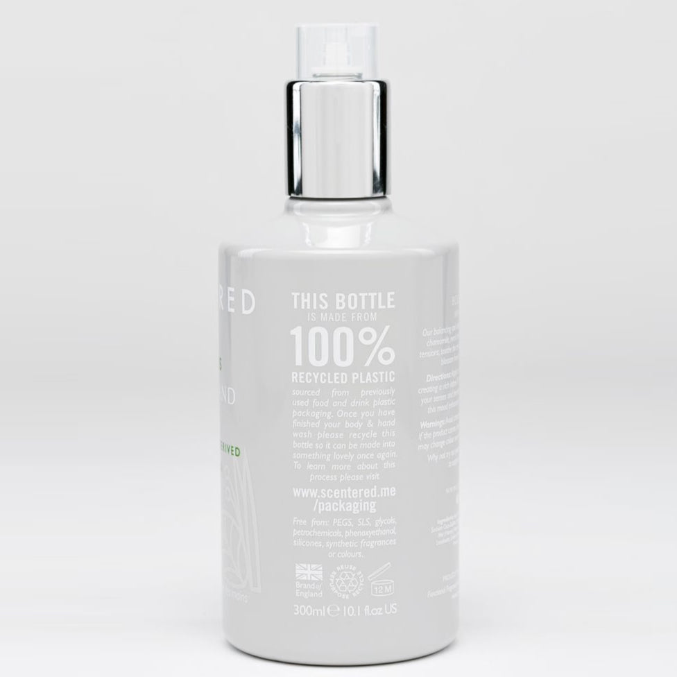 Side of De-stress Shampoo recycled plastic bottle. Calm Your Mind with Our Restorative Shampoo.