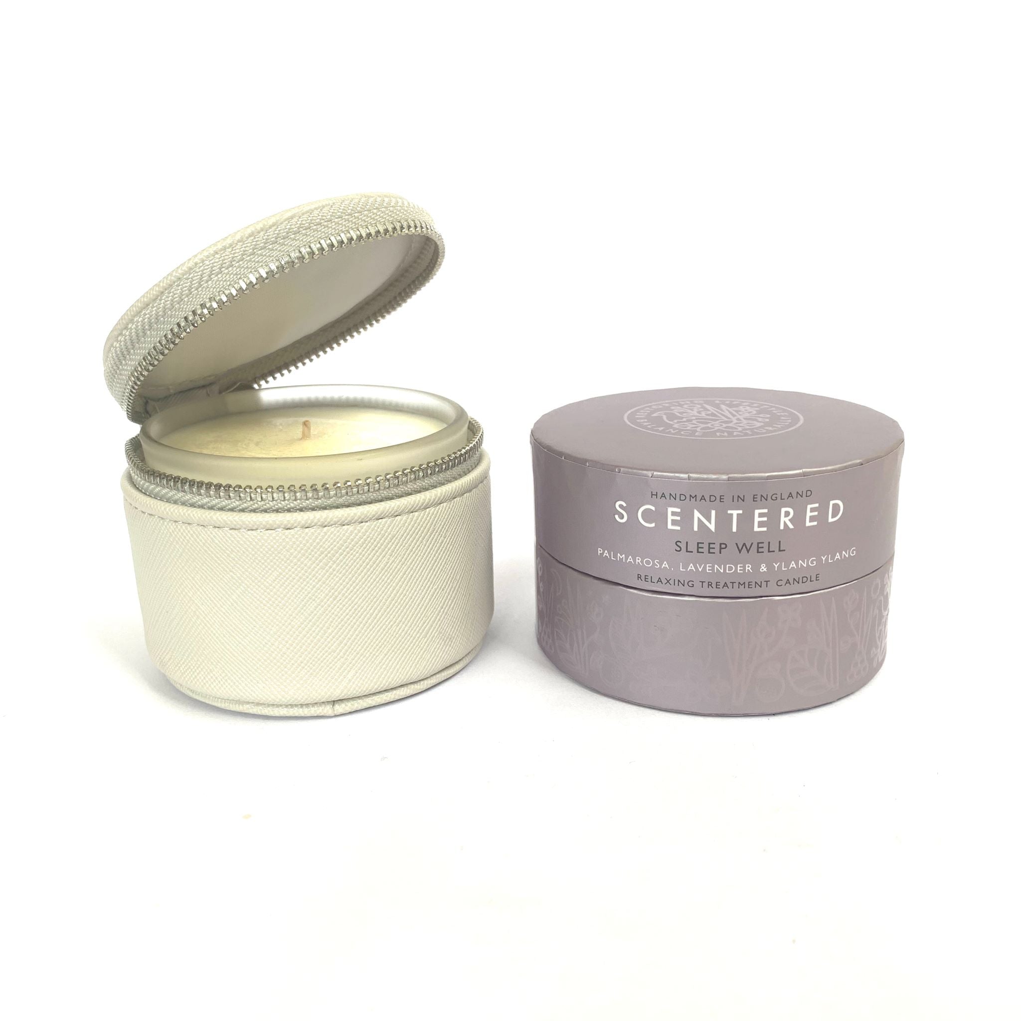 Scentered Sleep Well travel candle  are made in England with 100% natural wax infused with premium essential oils